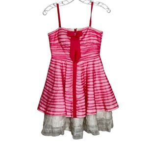 TBF Pink Striped Sleeveless Mini Dress Size 2 Bow Accent Lace Trim Spaghetti Y2K